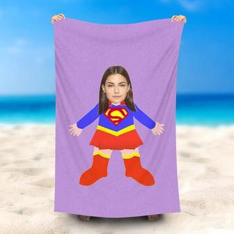 Personalized Cute Superwoman Purple Summer Beach Towel - Seseable