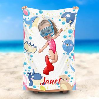 Personalized Diving Girl Ocean Animals Beach Towel - Seseable