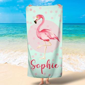 Personalized Dots Flamingo And Name Beach Towel - Seseable