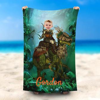 Personalized Dragon Knight Green Beach Towel For Boy - Seseable