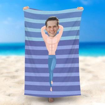 Personalized Fitness Man Blue Stripes Beach Towel - Seseable