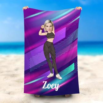 Personalized Fitness Woman Purple Stripes Beach Towel - Seseable