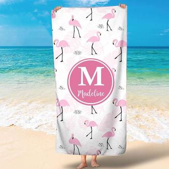 Personalized Flamingo Letter And Name Beach Towel - Seseable