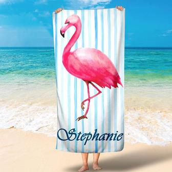Personalized Flamingo Stripes Name Fun Beach Towel - Seseable