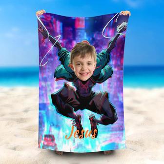 Personalized Flying Jacket Spiderboy Face Beach Towel - Seseable