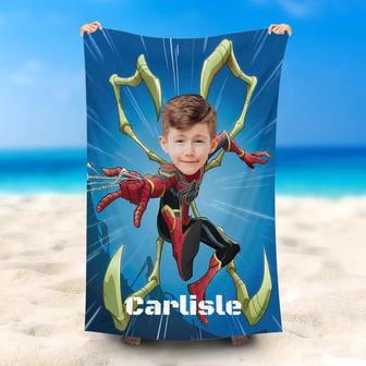 Personalized Flying Spiderboy Blue Beach Towel With Face - Seseable