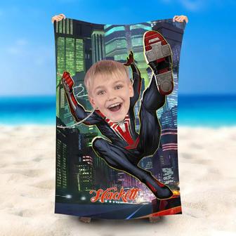Personalized Flying Spiderboy Night City Beach Towel - Seseable