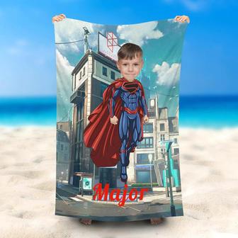 Personalized Flying Superboy Street Beach Towel With Face - Seseable