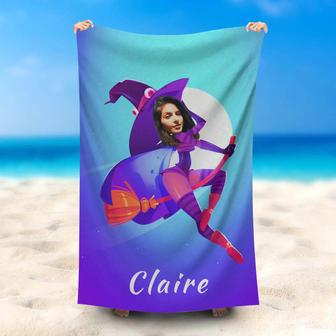 Personalized Flying Witch Girl Beach Towel With Name - Seseable