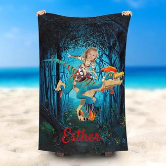 Personalized Forest Dragon Knight Girl Beach Towel - Seseable