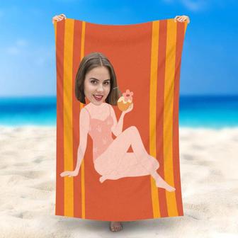Personalized Girl With Coconut Red Stripe Beach Towel - Seseable