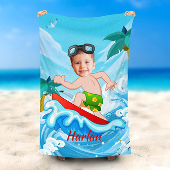 Personalized Green Shorts Surfing Boy Beach Towel - Seseable