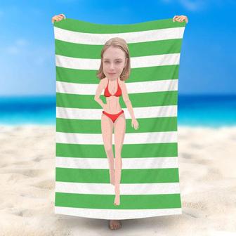 Personalized Green Stripe Bikini Lady Beach Towel - Seseable