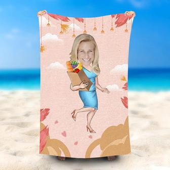 Personalized Grocery Woman Face Pink Photo Beach Towel - Seseable