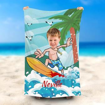 Personalized Hawaii Surfing Boy Palm Beach Towel - Seseable