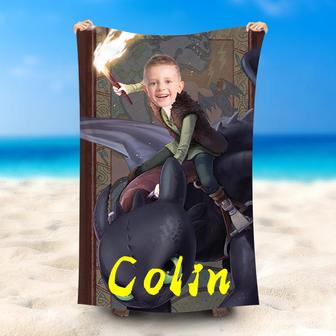 Personalized Hiccup Riding Toothless Name Beach Towel - Seseable