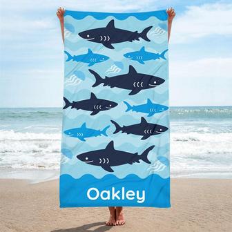 Personalized Lightweight Blue Shark Boys Beach Towel - Seseable