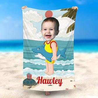 Personalized Little Baby With Shark Ring Beach Towel - Seseable