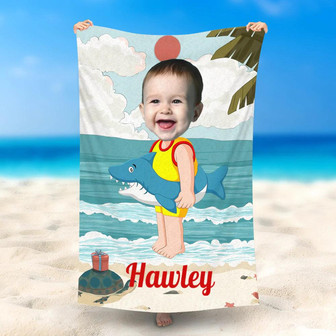 Personalized Little Baby With Shark Ring Beach Towel - Seseable