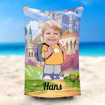 Personalized Little Boy With Backpack Castle Beach Towel - Seseable