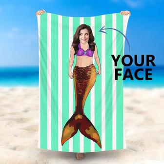 Personalized Mermaid Green Stripes Summer Beach Towel - Seseable