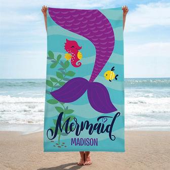 Personalized Mermaid Tail Seahorse Girl Beach Towel - Seseable