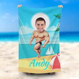 Personalized Musle Man Blue Beach Towel With Photo - Seseable