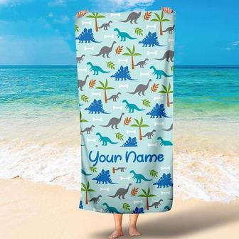 Personalized Name And Dinosaur Summer Beach Towel - Seseable