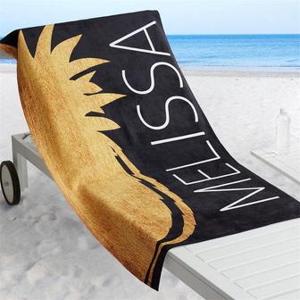 Personalized Name Golden Pineapple Black Beach Towel - Seseable