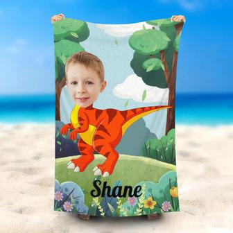 Personalized Name Red Dinosaur Boy Forest Beach Towel - Seseable