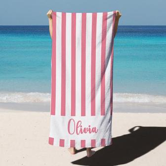 Personalized Name Stripes Pink Beach Towel for Gift - Seseable