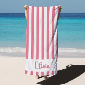 Personalized Name Stripes Pink Beach Towel for Gift - Seseable