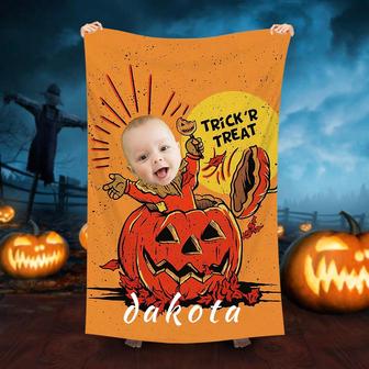 Personalized Orange Trick Pumpkin Baby Beach Towel - Seseable