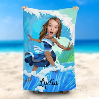Personalized Photo Face Surfing Girl Wave Beach Towel - Seseable