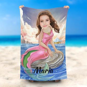 Personalized Pink Dress Mermaid Stone Name Beach Towel - Seseable
