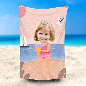 Personalized Pink Swimsuit Girl Ice Cream Beach Towel - Seseable