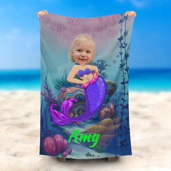 Personalized Purple Mermaid Undersea Name Beach Towel - Seseable