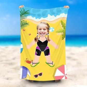 Personalized Purple Swimsuit Girl Beach Towel With Face - Seseable