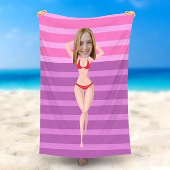 Personalized Red Bikini Beauty Stripe Photo Beach Towel - Seseable