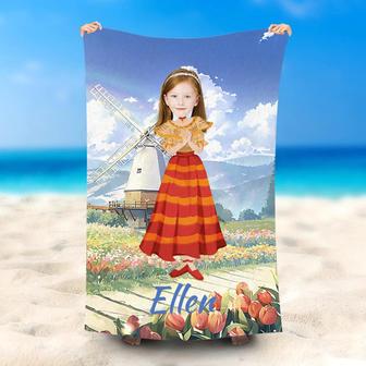 Personalized Red Dress Girl Rural Beach Towel With Name - Seseable