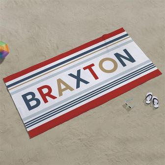 Personalized Red White Stripe Beach Towel With Name - Seseable