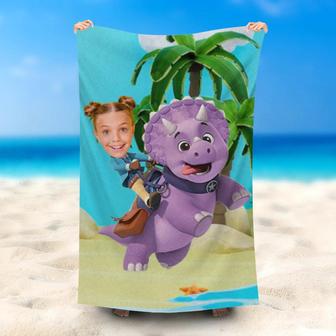 Personalized Ride Triceratops Girl Beach Towel - Seseable