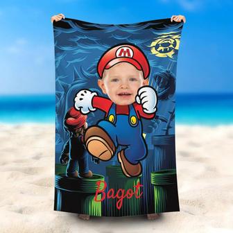 Personalized Running Mario Blue Photo Beach Towel - Seseable