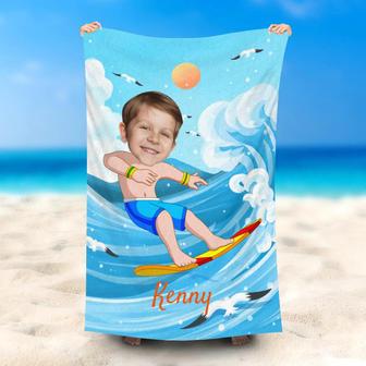 Personalized Shorts Boy Surfing Sky Blue Beach Towel - Seseable