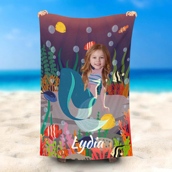Personalized Sitting Mermaid Girl Photo Beach Towel - Seseable