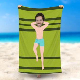 Personalized Slip Man Green Beach Towel With Photo - Seseable