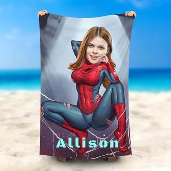 Personalized Spiderwoman And Name Grey Beach Towel - Seseable