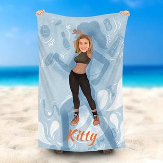 Personalized Sports Woman Face And Name Grey Beach Towel - Seseable