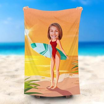Personalized Sunset Surf Girl Beach Towel With Photo - Seseable