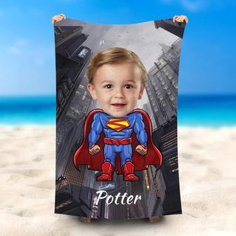 Personalized Super Boy Tall Building Beach Towel - Seseable